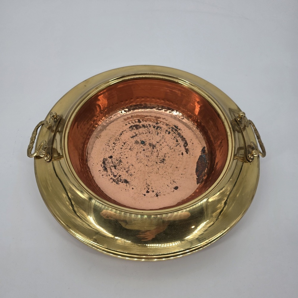 Antique Hand Hammered Copper Brazier with Brass Handles 17" Chestnut Roaster VTG
